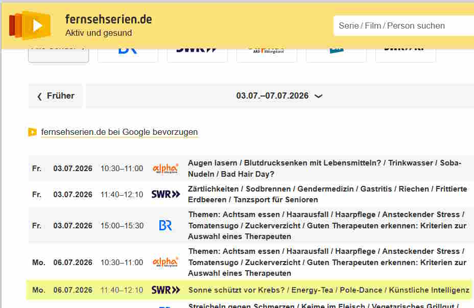 Swr sendetermin aktiv und gesund 6.7.26